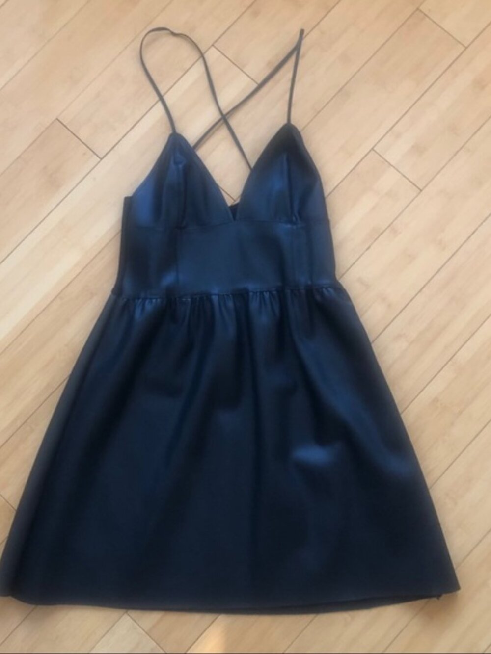 Zara Mini Dress Black Faux Leather Spaghetti Strap Empire Waist V Neck Sz Small